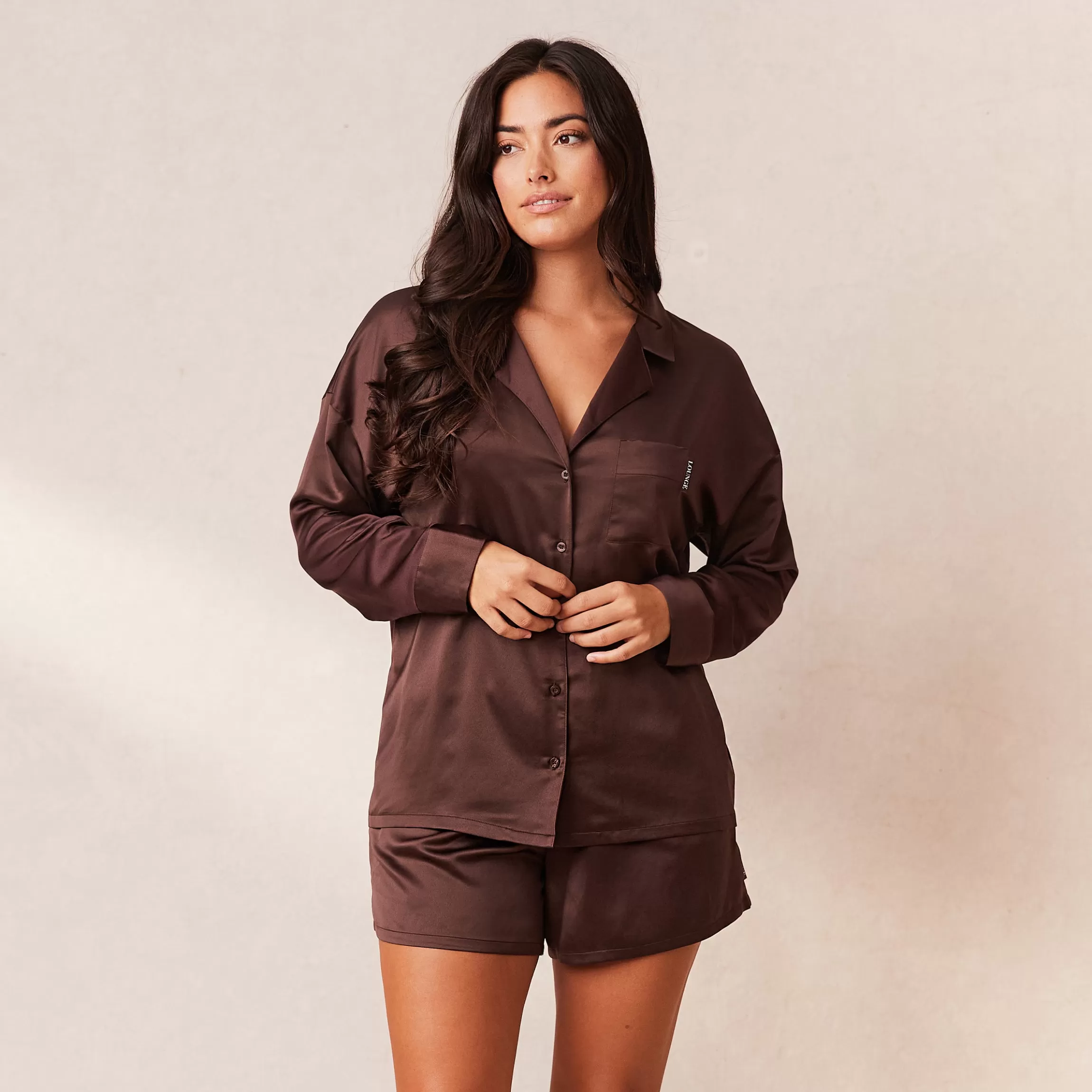 Lounge Classic Satin Pyjama Shirt - Chocolade Flash Sale