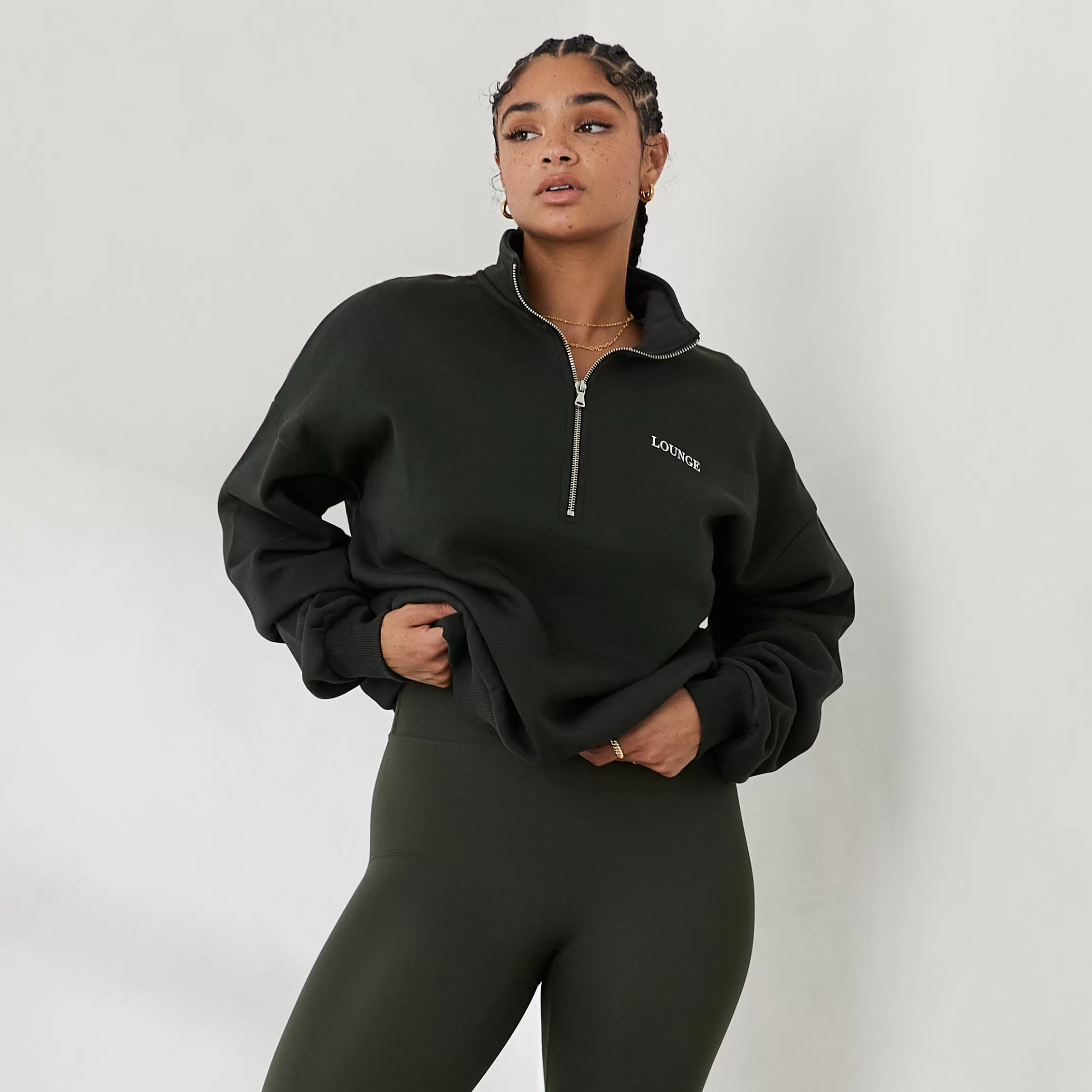 Lounge Essential Oversized Trui met Kwart Rits - Dennengroen Cheap