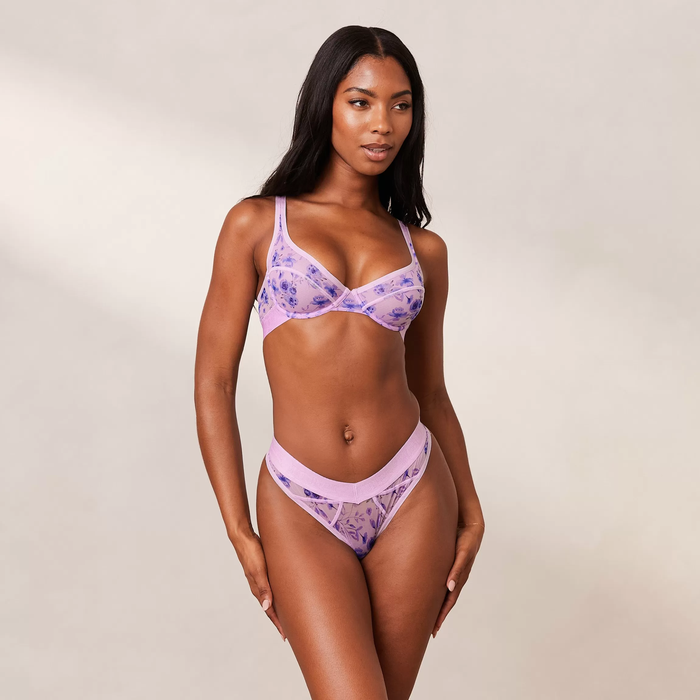 Lounge Floral Mesh Balcony BH & String Set - Lila Hot