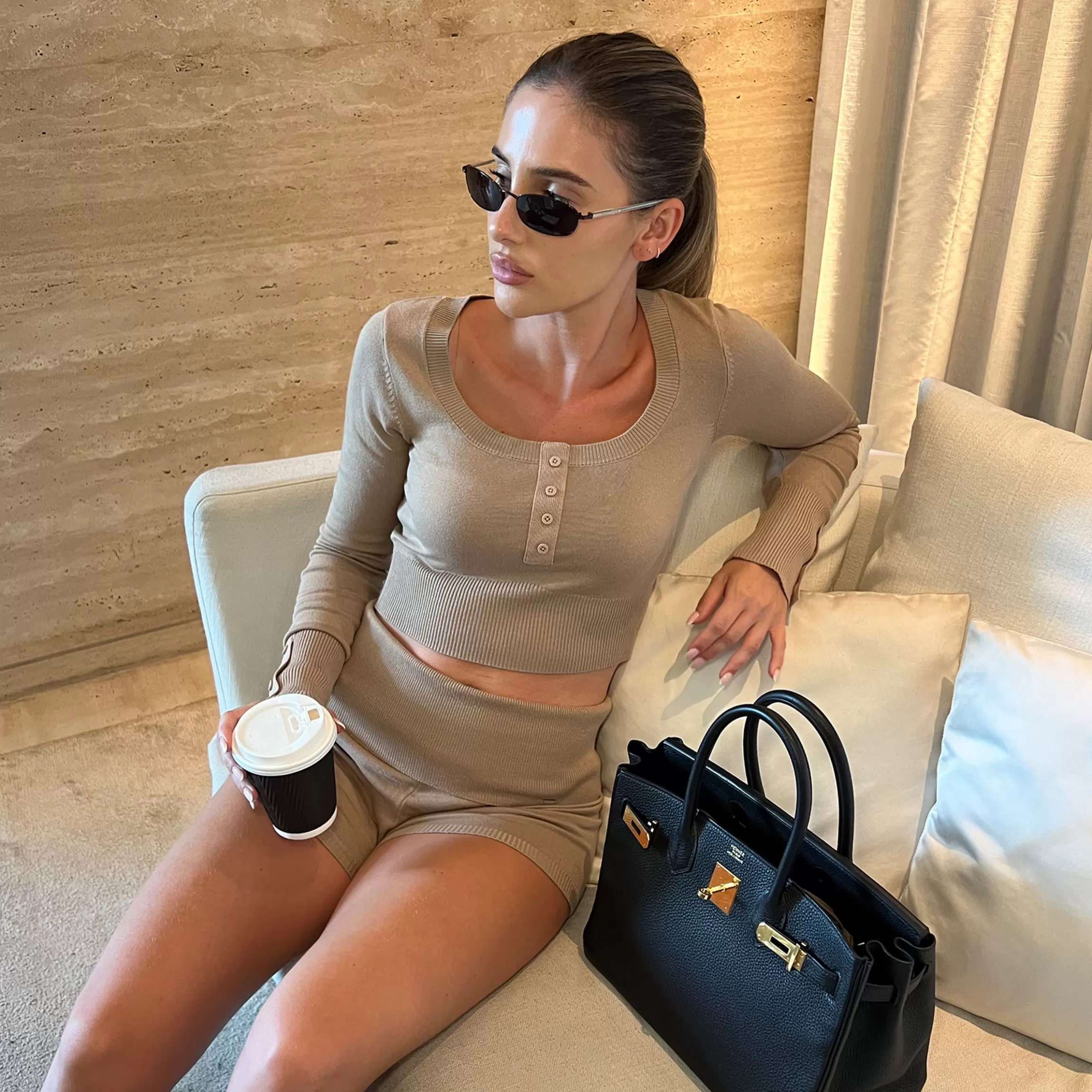 Lounge Gebreide Top met Lange Mouwen - Nertskleur Discount