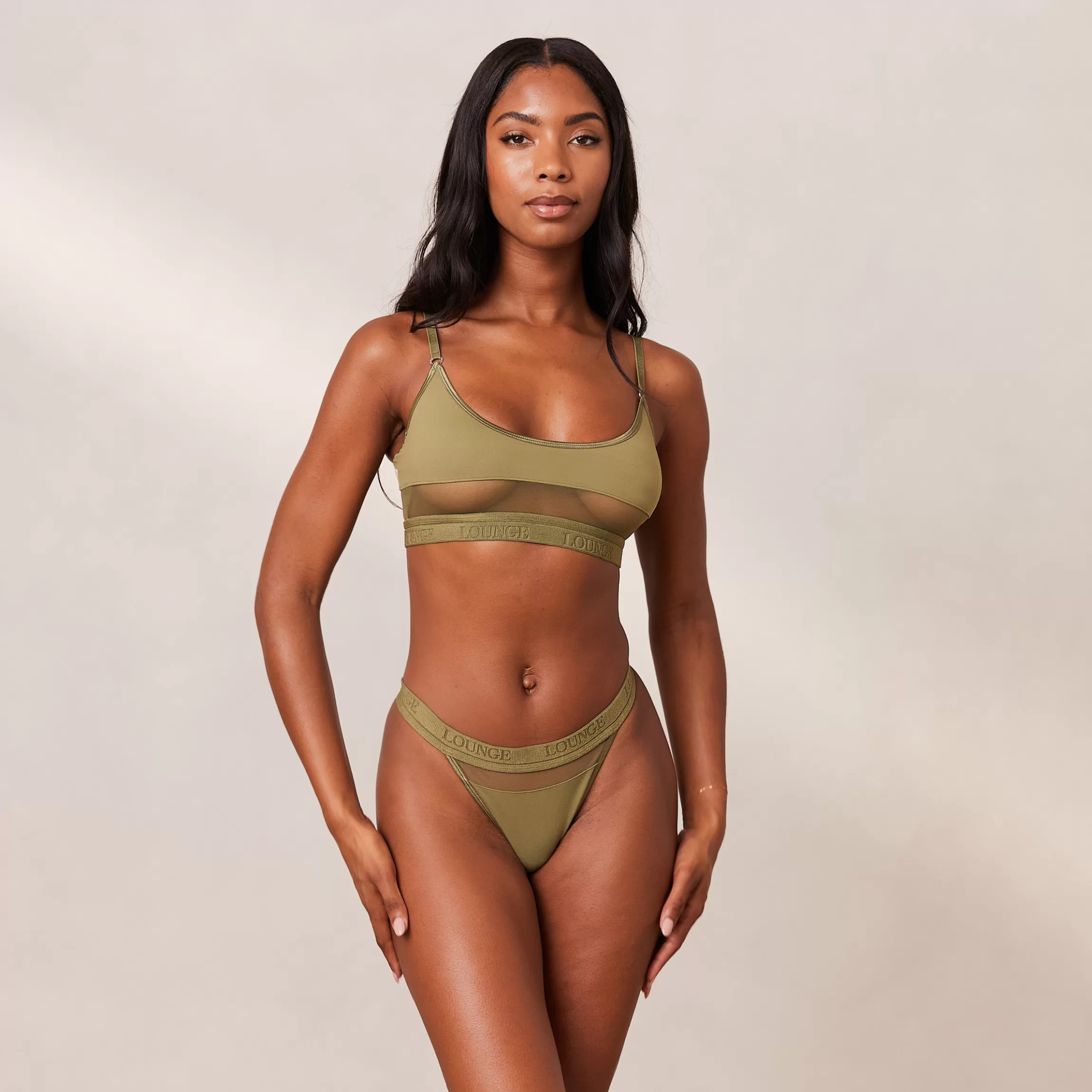Lounge Mesh BH & String/Slip Set - Kaki Best