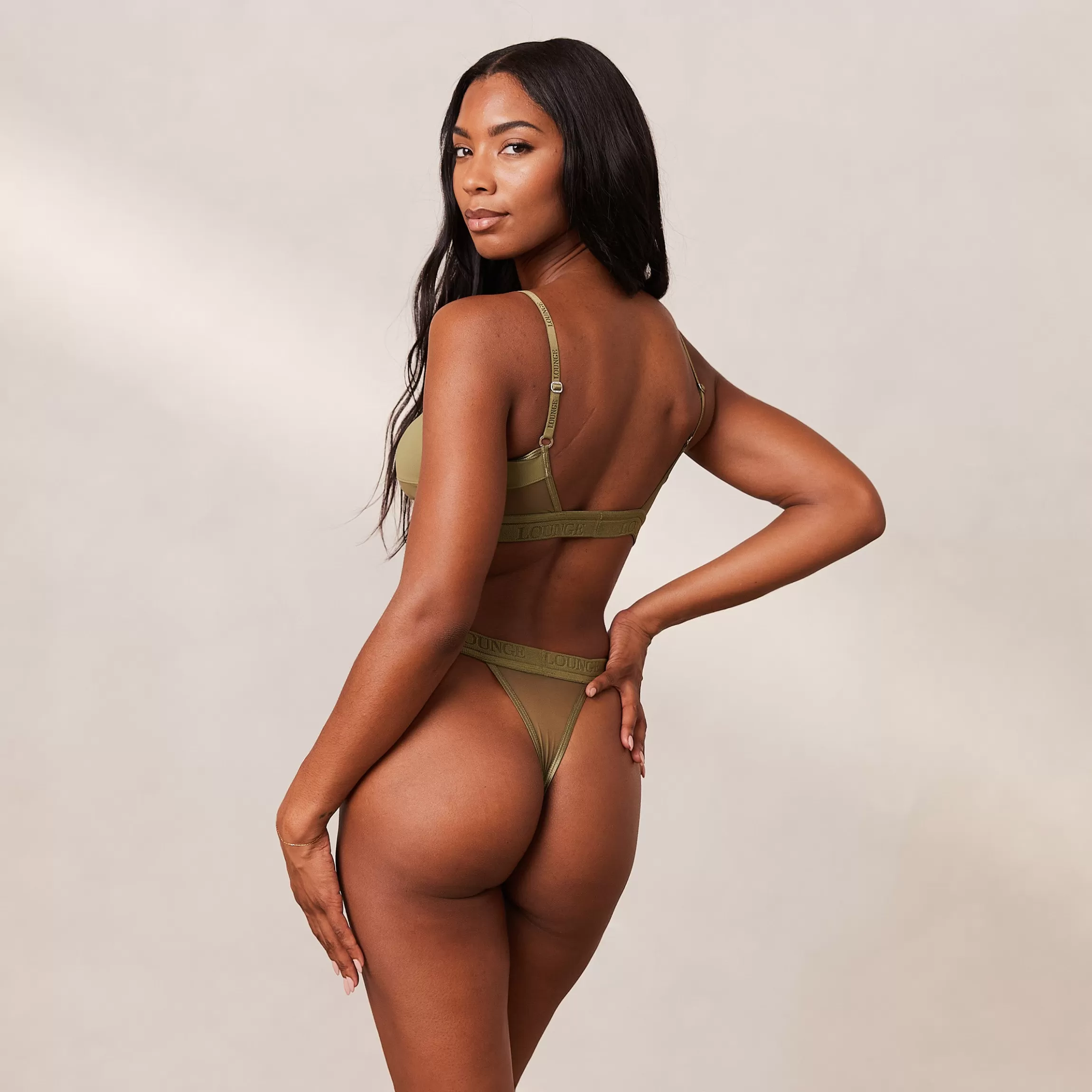Lounge Mesh BH & String/Slip Set - Kaki Best