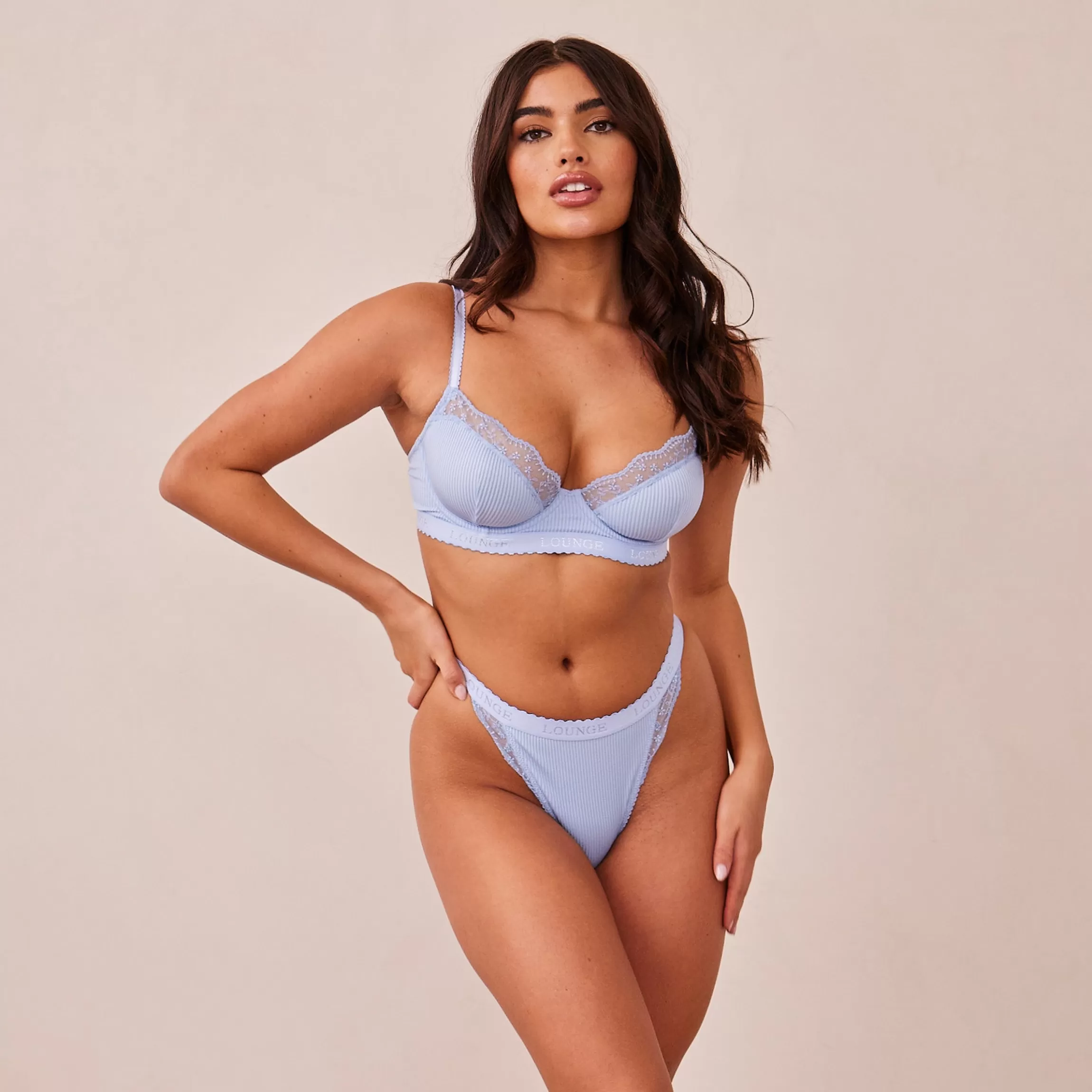 Lounge Ribbed Balcony BH & String/Slip Set - Blauw Discount