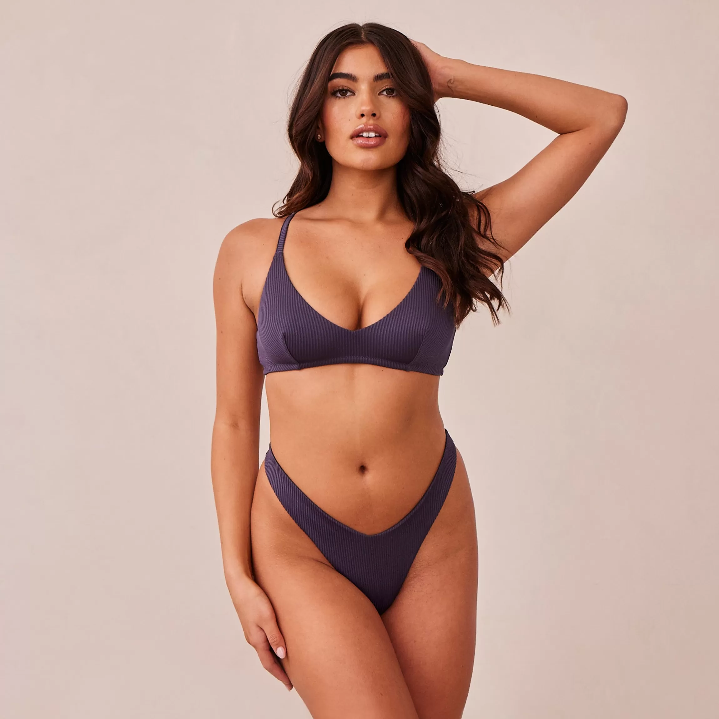 Lounge Ribbed Triangle BH & String/Trussers Set - Blauw Houtskool BlauwHoutskool Clearance