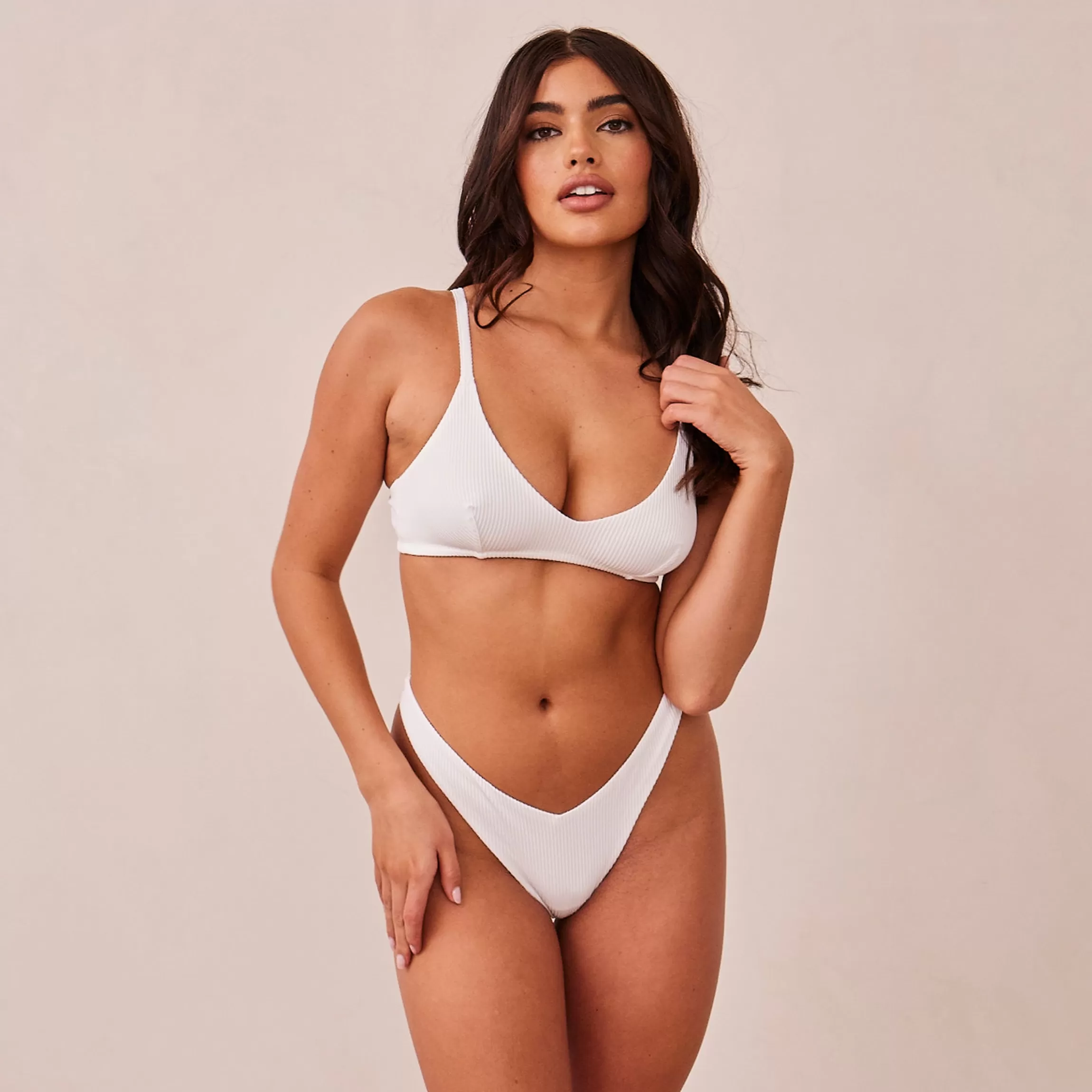 Lounge Ribbed Triangle BH & String/Trussers Set - Wit Discount