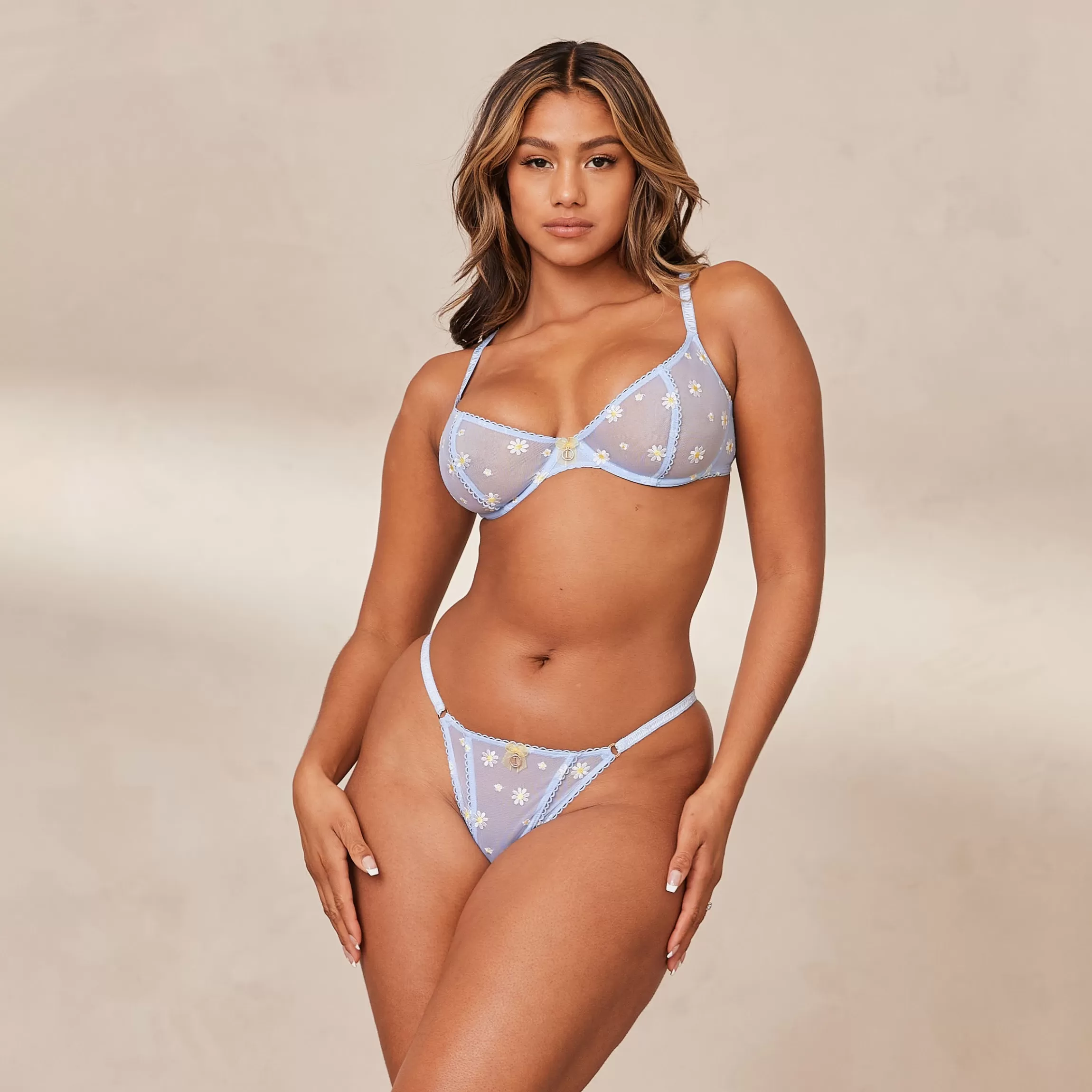 Lounge Sheer Floral Balcony BH & String Set - Blauw Sale