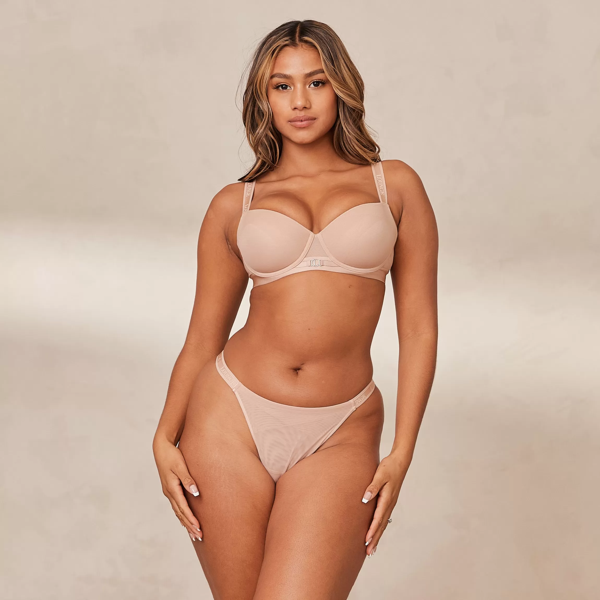 Lounge Smooth Mesh T-shirt BH & String/Slip Set - Taupe Fashion